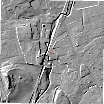Shaded relief map of the ground around DL78DZ, computed from Environment Agency LiDAR. The ground here sits at about 39 m above sea level and falls 19 m across the surrounding 800 m. Surface water reaching this point runs off ground lying to the east, 2.0 m higher.