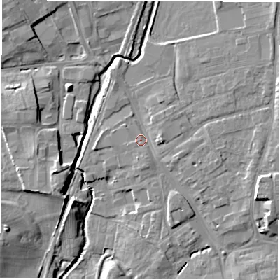 Shaded relief map of the ground around DL78EA, computed from Environment Agency LiDAR. The ground here sits at about 40 m above sea level and falls 12 m across the surrounding 800 m. Surface water reaching this point runs off ground lying to the east, 2.7 m higher.