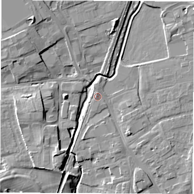 Shaded relief map of the ground around DL78EB, computed from Environment Agency LiDAR. The ground here sits at about 40 m above sea level and falls 16 m across the surrounding 800 m. Surface water reaching this point runs off ground lying to the north, 0.8 m higher.