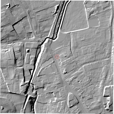 Shaded relief map of the ground around DL78ED, computed from Environment Agency LiDAR. The ground here sits at about 39 m above sea level and falls 11 m across the surrounding 800 m. Surface water reaching this point runs off ground lying to the south-south-east, 3.2 m higher.