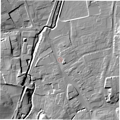Shaded relief map of the ground around DL78EE, computed from Environment Agency LiDAR. The ground here sits at about 40 m above sea level and falls 12 m across the surrounding 800 m. Surface water reaching this point runs off ground lying to the east-south-east, 2.8 m higher.