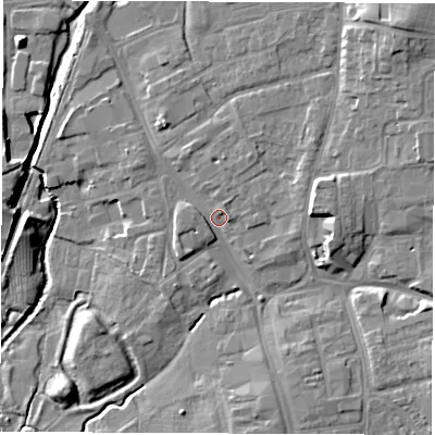 Shaded relief map of the ground around DL78EG, computed from Environment Agency LiDAR. The ground here sits at about 40 m above sea level and falls 12 m across the surrounding 800 m. Surface water reaching this point runs off ground lying to the west, 1.8 m higher.
