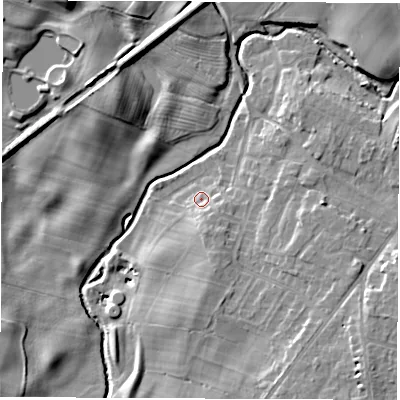Shaded relief map of the ground around DL78JH, computed from Environment Agency LiDAR. The ground here sits at about 34 m above sea level and falls 12 m across the surrounding 800 m. Surface water reaching this point runs off ground lying to the south-south-east, 3.6 m higher.