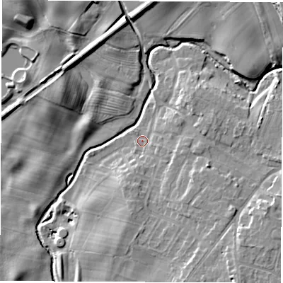 Shaded relief map of the ground around DL78JJ, computed from Environment Agency LiDAR. The ground here sits at about 34 m above sea level and falls 14 m across the surrounding 800 m. Surface water reaching this point runs off ground lying to the east-south-east, 7.5 m higher.