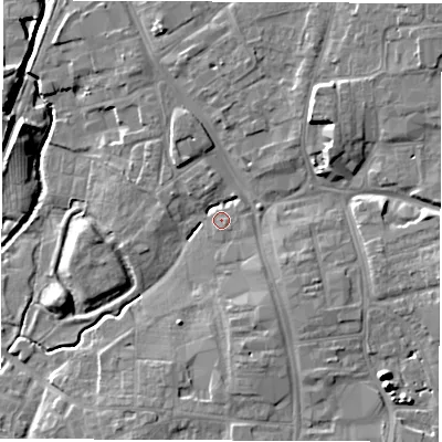 Shaded relief map of the ground around DL78LH, computed from Environment Agency LiDAR. The ground here sits at about 40 m above sea level and falls 10 m across the surrounding 800 m. Surface water reaching this point runs off ground lying to the south-east, 1.5 m higher.