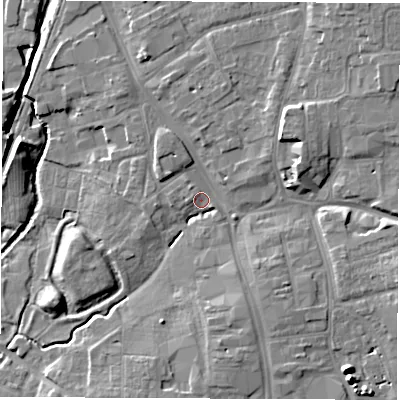 Shaded relief map of the ground around DL78LU, computed from Environment Agency LiDAR. The ground here sits at about 40 m above sea level and falls 10 m across the surrounding 800 m. Surface water reaching this point runs off ground lying to the north-east, 6.2 m higher.