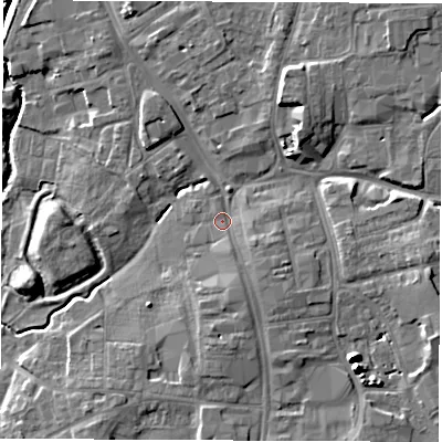Shaded relief map of the ground around DL78LW, computed from Environment Agency LiDAR. The ground here sits at about 40 m above sea level and falls 10 m across the surrounding 800 m. Surface water reaching this point runs off ground lying to the south-east, 2.8 m higher.