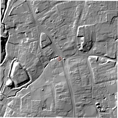 Shaded relief map of the ground around DL78LX, computed from Environment Agency LiDAR. The ground here sits at about 40 m above sea level and falls 10 m across the surrounding 800 m. Surface water reaching this point runs off ground lying to the east-south-east, 5.5 m higher.