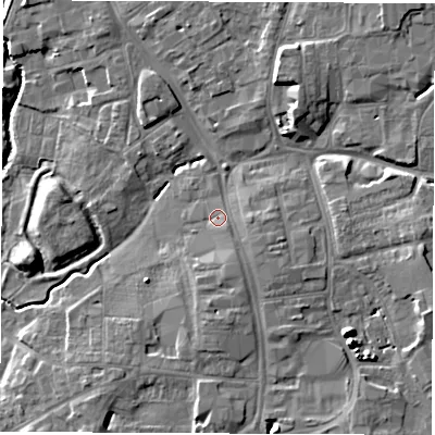 Shaded relief map of the ground around DL78LZ, computed from Environment Agency LiDAR. The ground here sits at about 40 m above sea level and falls 10 m across the surrounding 800 m. Surface water reaching this point runs off ground lying to the south-east, 1.8 m higher.