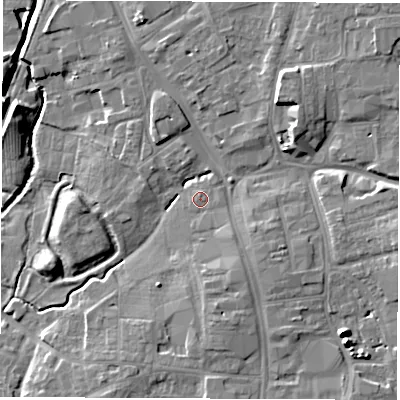 Shaded relief map of the ground around DL78NS, computed from Environment Agency LiDAR. The ground here sits at about 40 m above sea level and falls 10 m across the surrounding 800 m. Surface water reaching this point runs off ground lying to the south-east, 2.1 m higher.