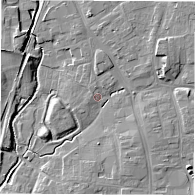 Shaded relief map of the ground around DL78NT, computed from Environment Agency LiDAR. The ground here sits at about 40 m above sea level and falls 13 m across the surrounding 800 m. Surface water reaching this point runs off ground lying to the north-north-west, 2.0 m higher.