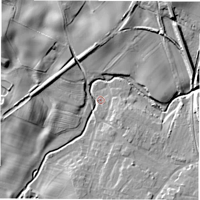 Shaded relief map of the ground around DL78PA, computed from Environment Agency LiDAR. The ground here sits at about 35 m above sea level and falls 14 m across the surrounding 800 m. Surface water reaching this point runs off ground lying to the east-south-east, 1.0 m higher.
