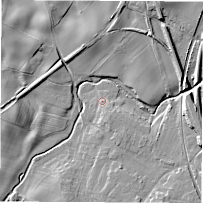 Shaded relief map of the ground around DL78PB, computed from Environment Agency LiDAR. The ground here sits at about 36 m above sea level and falls 14 m across the surrounding 800 m. Surface water reaching this point runs off ground lying to the south-south-east, 3.6 m higher.