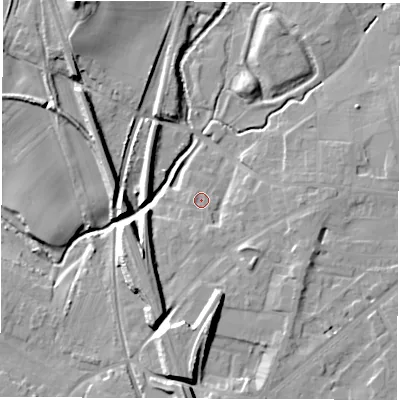 Shaded relief map of the ground around DL78PN, computed from Environment Agency LiDAR. The ground here sits at about 38 m above sea level and falls 18 m across the surrounding 800 m. Surface water reaching this point runs off ground lying to the south-south-east, 2.3 m higher.