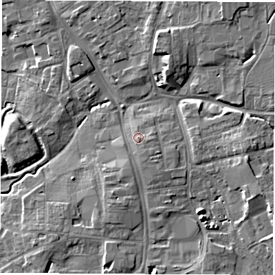 Shaded relief map of the ground around DL78PP, computed from Environment Agency LiDAR. The ground here sits at about 42 m above sea level and falls 9 m across the surrounding 800 m. Surface water reaching this point runs off ground lying to the south-south-east, 0.8 m higher.