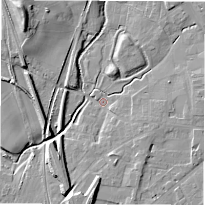 Shaded relief map of the ground around DL78PR, computed from Environment Agency LiDAR. The ground here sits at about 37 m above sea level and falls 21 m across the surrounding 800 m. Surface water reaching this point runs off ground lying to the south-east, 5.9 m higher.