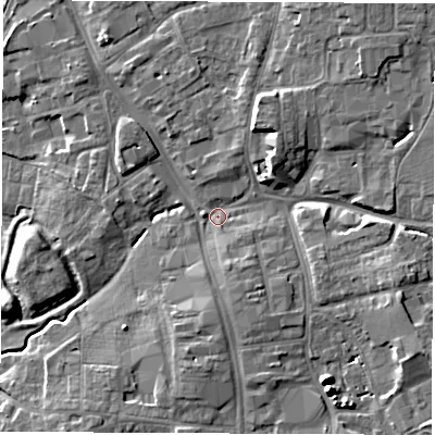 Shaded relief map of the ground around DL78PX, computed from Environment Agency LiDAR. The ground here sits at about 40 m above sea level and falls 9 m across the surrounding 800 m. Surface water reaching this point runs off ground lying to the east-south-east, 5.6 m higher.
