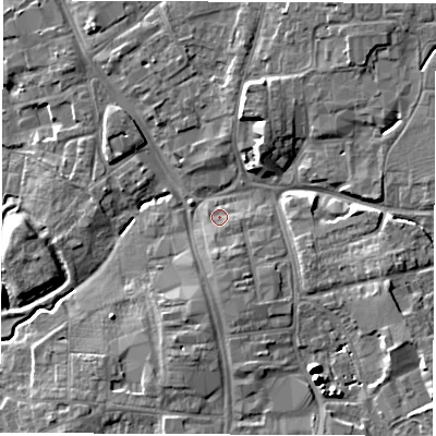 Shaded relief map of the ground around DL78QB, computed from Environment Agency LiDAR. The ground here sits at about 40 m above sea level and falls 9 m across the surrounding 800 m. Surface water reaching this point runs off ground lying to the south-east, 1.4 m higher.