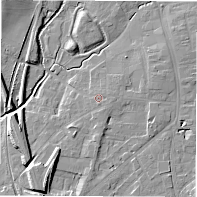 Shaded relief map of the ground around DL78QE, computed from Environment Agency LiDAR. The ground here sits at about 41 m above sea level and falls 12 m across the surrounding 800 m. Surface water reaching this point runs off ground lying to the south, 1.3 m higher.
