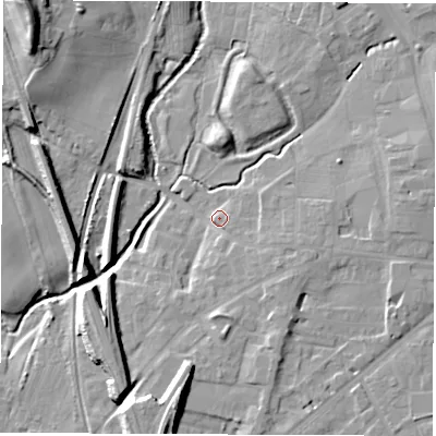 Shaded relief map of the ground around DL78QJ, computed from Environment Agency LiDAR. The ground here sits at about 39 m above sea level and falls 21 m across the surrounding 800 m. Surface water reaching this point runs off ground lying to the south-east, 5.1 m higher.