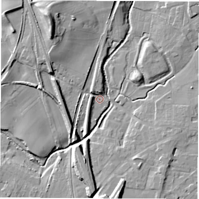 Shaded relief map of the ground around DL78QP, computed from Environment Agency LiDAR. The ground here sits at about 37 m above sea level and falls 21 m across the surrounding 800 m. Surface water reaching this point runs off ground lying to the north-north-west, 17.7 m higher.