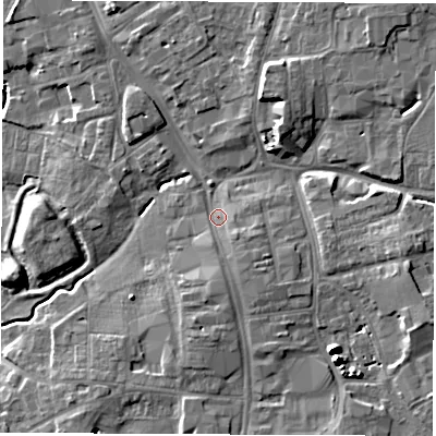 Shaded relief map of the ground around DL78QR, computed from Environment Agency LiDAR. The ground here sits at about 40 m above sea level and falls 9 m across the surrounding 800 m. Surface water reaching this point runs off ground lying to the south-south-east, 2.8 m higher.