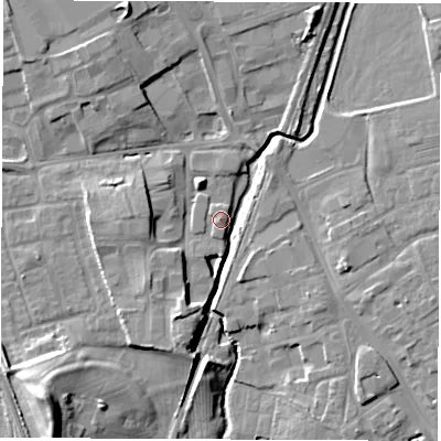 Shaded relief map of the ground around DL78UB, computed from Environment Agency LiDAR. The ground here sits at about 40 m above sea level and falls 19 m across the surrounding 800 m. Surface water reaching this point runs off ground lying to the south-south-west, 10.3 m higher.