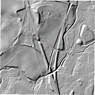 Shaded relief map of the ground around DL78UP, computed from Environment Agency LiDAR. The ground here sits at about 39 m above sea level and falls 22 m across the surrounding 800 m. Surface water reaching this point runs off ground lying to the north-west, 5.7 m higher.