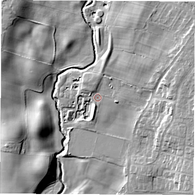 Shaded relief map of the ground around DL78UX, computed from Environment Agency LiDAR. The ground here sits at about 33 m above sea level and falls 13 m across the surrounding 800 m. Surface water reaching this point runs off ground lying to the east-north-east, 6.0 m higher.