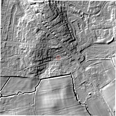 Shaded relief map of the ground around DL78XG, computed from Environment Agency LiDAR. The ground here sits at about 39 m above sea level and falls 12 m across the surrounding 800 m. Surface water reaching this point runs off ground lying to the north-north-west, 9.3 m higher.