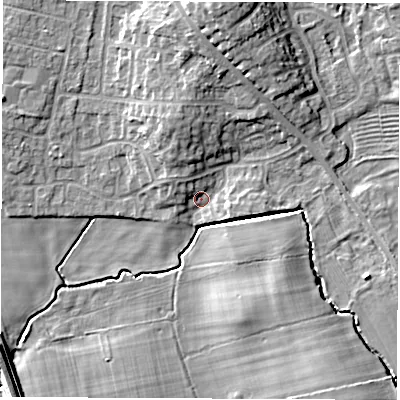 Shaded relief map of the ground around DL78XJ, computed from Environment Agency LiDAR. The ground here sits at about 39 m above sea level and falls 11 m across the surrounding 800 m. Surface water reaching this point runs off ground lying to the north, 9.3 m higher.