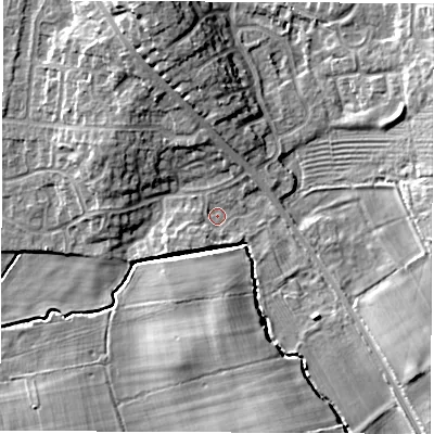 Shaded relief map of the ground around DL78XQ, computed from Environment Agency LiDAR. The ground here sits at about 39 m above sea level and falls 12 m across the surrounding 800 m. Surface water reaching this point runs off ground lying to the south-west, 2.0 m higher.