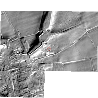 Shaded relief map of the ground around DL79JA, computed from Environment Agency LiDAR. The ground here sits at about 29 m above sea level and falls 12 m across the surrounding 800 m. Surface water reaching this point runs off ground lying to the east-south-east, 1.7 m higher.