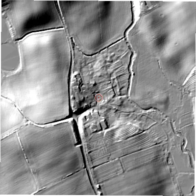 Shaded relief map of the ground around DL79JS, computed from Environment Agency LiDAR. The ground here sits at about 28 m above sea level and falls 18 m across the surrounding 800 m. Surface water reaching this point runs off ground lying to the south-west, 16.3 m higher.