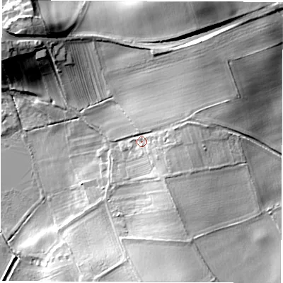 Shaded relief map of the ground around DL79JX, computed from Environment Agency LiDAR. The ground here sits at about 32 m above sea level and falls 22 m across the surrounding 800 m. Surface water reaching this point runs off ground lying to the east-north-east, 9.8 m higher.