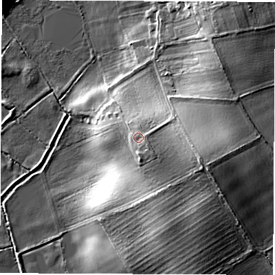 Shaded relief map of the ground around DL79JY, computed from Environment Agency LiDAR. The ground here sits at about 34 m above sea level and falls 15 m across the surrounding 800 m. Surface water reaching this point runs off ground lying to the south-south-east, 2.3 m higher.