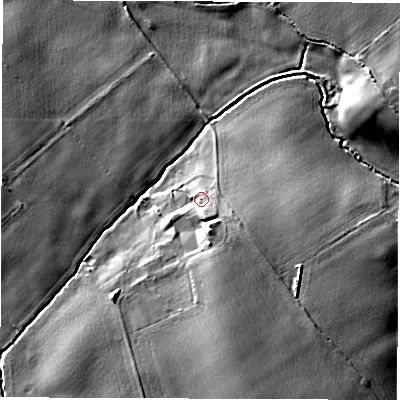 Shaded relief map of the ground around DL79PG, computed from Environment Agency LiDAR. The ground here sits at about 29 m above sea level and falls 11 m across the surrounding 800 m. Surface water reaching this point runs off ground lying to the south-south-east, 4.1 m higher.