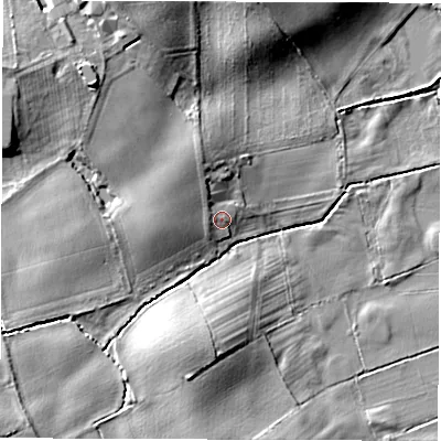 Shaded relief map of the ground around DL79RE, computed from Environment Agency LiDAR. The ground here sits at about 27 m above sea level and falls 11 m across the surrounding 800 m. Surface water reaching this point runs off ground lying to the west-north-west, 1.5 m higher.