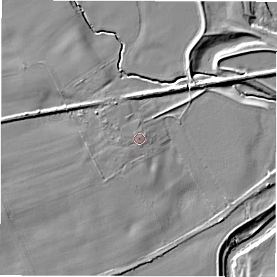 Shaded relief map of the ground around DL79RP, computed from Environment Agency LiDAR. The ground here sits at about 30 m above sea level and falls 7 m across the surrounding 800 m. Surface water reaching this point runs off ground lying to the north-west, 0.7 m higher.