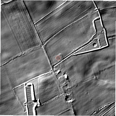 Shaded relief map of the ground around DL79RW, computed from Environment Agency LiDAR. The ground here sits at about 28 m above sea level and falls 11 m across the surrounding 800 m. Surface water reaching this point runs off ground lying to the south-west, 1.4 m higher.