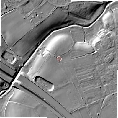 Shaded relief map of the ground around DL79SZ, computed from Environment Agency LiDAR. The ground here sits at about 34 m above sea level and falls 12 m across the surrounding 800 m. Surface water reaching this point runs off ground lying to the west-north-west, 1.4 m higher.