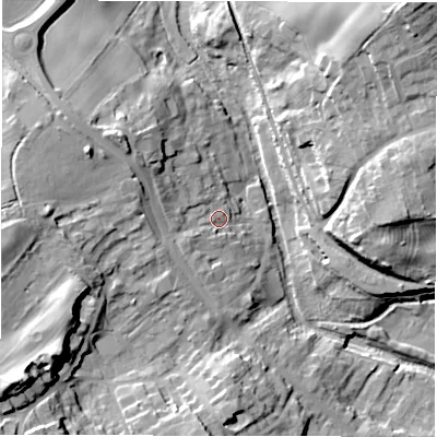 Shaded relief map of the ground around DL81AH, computed from Environment Agency LiDAR. The ground here sits at about 38 m above sea level and falls 29 m across the surrounding 800 m. Surface water reaching this point runs off ground lying to the west-north-west, 13.1 m higher.