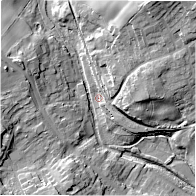Shaded relief map of the ground around DL81AN, computed from Environment Agency LiDAR. The ground here sits at about 34 m above sea level and falls 29 m across the surrounding 800 m. Surface water reaching this point runs off ground lying to the north-north-east, 25.0 m higher.