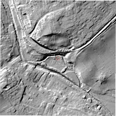 Shaded relief map of the ground around DL81AW, computed from Environment Agency LiDAR. The ground here sits at about 31 m above sea level and falls 22 m across the surrounding 800 m. Surface water reaching this point runs off ground lying to the west-south-west, 2.4 m higher.