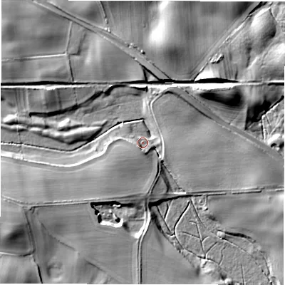 Shaded relief map of the ground around DL81HB, computed from Environment Agency LiDAR. The ground here sits at about 50 m above sea level and falls 20 m across the surrounding 800 m. Surface water reaching this point runs off ground lying to the south-west, 5.3 m higher.