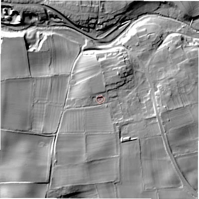 Shaded relief map of the ground around DL81HJ, computed from Environment Agency LiDAR. The ground here sits at about 55 m above sea level and falls 22 m across the surrounding 800 m. Surface water reaching this point runs off ground lying to the south-west, 4.3 m higher.