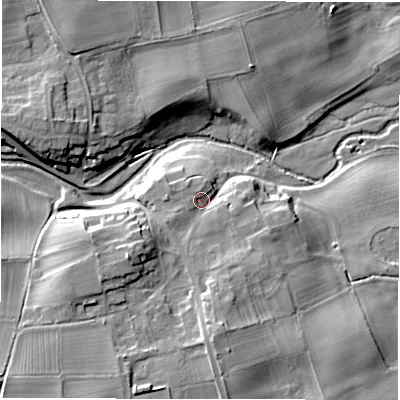Shaded relief map of the ground around DL81HS, computed from Environment Agency LiDAR. The ground here sits at about 53 m above sea level and falls 18 m across the surrounding 800 m. Surface water reaching this point runs off ground lying to the south-south-east, 4.4 m higher.