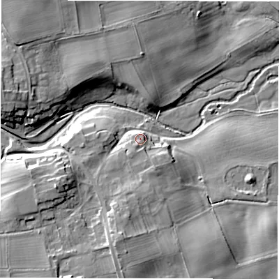 Shaded relief map of the ground around DL81HT, computed from Environment Agency LiDAR. The ground here sits at about 52 m above sea level and falls 17 m across the surrounding 800 m. Surface water reaching this point runs off ground lying to the south-south-west, 3.4 m higher.