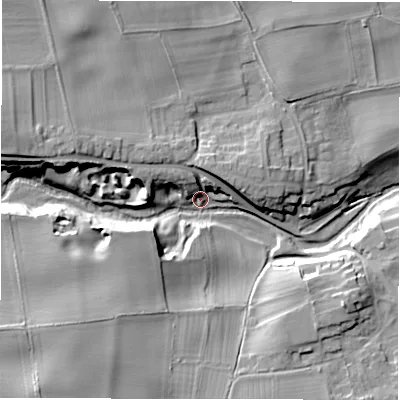 Shaded relief map of the ground around DL81JG, computed from Environment Agency LiDAR. The ground here sits at about 50 m above sea level and falls 21 m across the surrounding 800 m. Surface water reaching this point runs off ground lying to the south-west, 17.5 m higher.
