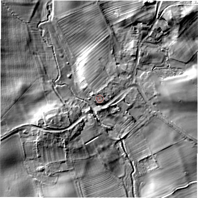 Shaded relief map of the ground around DL81JN, computed from Environment Agency LiDAR. The ground here sits at about 67 m above sea level and falls 19 m across the surrounding 800 m. Surface water reaching this point runs off ground lying to the north-north-east, 1.4 m higher.